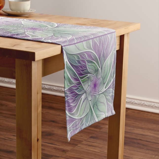 Chemin De Table Court Rêve de fleurs, Abstrait violet vert Fractal Art (In Situ)