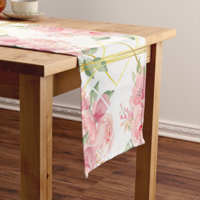 Chemin De Table Court Rose, rose, boho, trellis, aquarelle fleurs patte (In Situ)