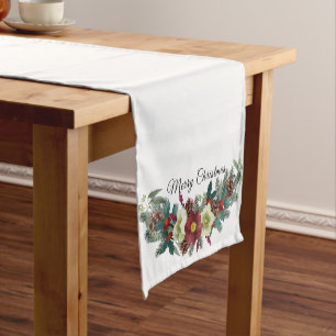 Chemin De Table Court Rouge et blanc Noël Floral Swag Joyeux Noël