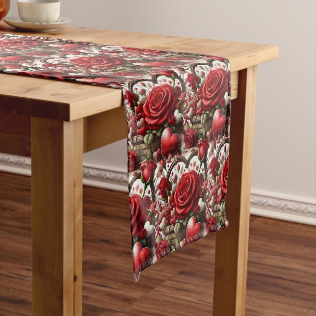 Chemin De Table Court Saint Valentin Coeurs rouges et fleurs Roses (In Situ)