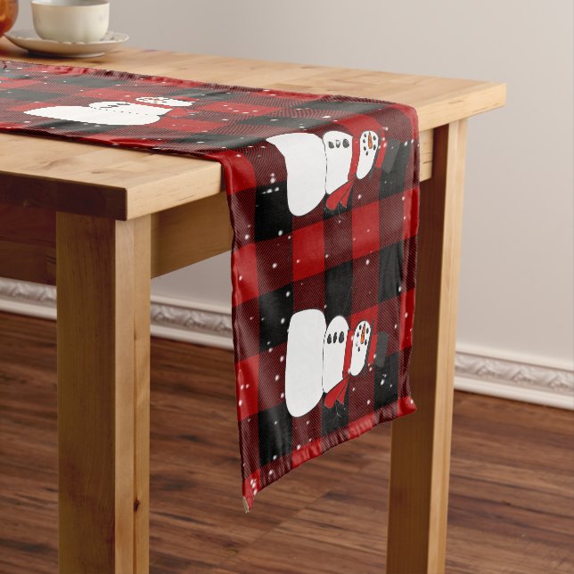 Chemin De Table Court Snowman sur Red Black Buffalo Plaid (In Situ)
