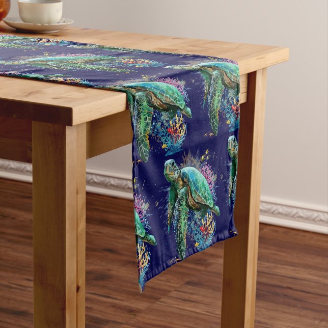 Chemin De Table Court Style d'aquarelle sous-marine de tortue marine (In Situ)