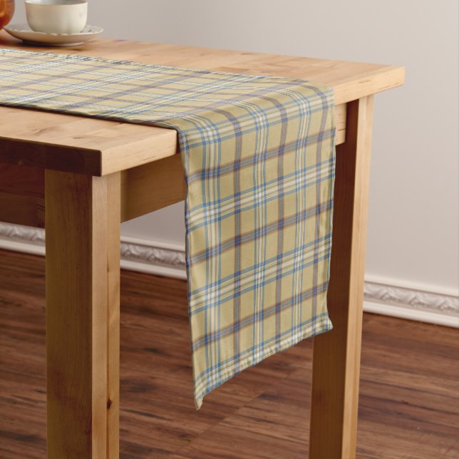 Chemin De Table Court Tan and Wedgewood Blue Plaid (In Situ)