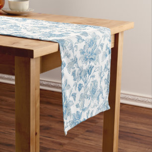 Chemin De Table Court Toile-de-jouy Chinoiseries motif floral bleu