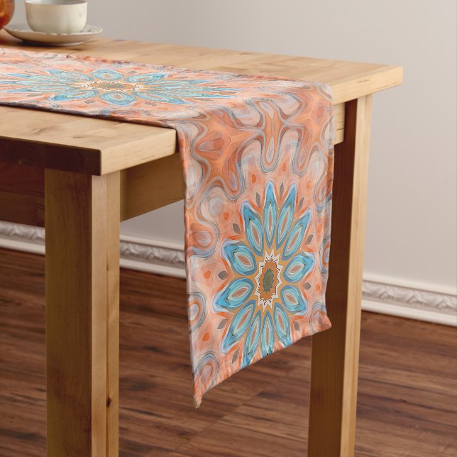 Chemin De Table Court Turquoise bleu rouge orange Mandala Round Sun (In Situ)