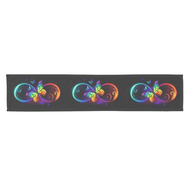 Chemin De Table Court Vibrant infinity with rainbow butterfly on black (Horizontal)