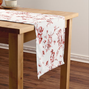 Chemin De Table Court Vintage ailes Cherub Angels Fleurs Toile Rouge