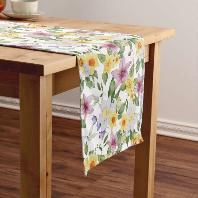 Chemin De Table Court Violet Jaune Blanc Vert Floral Élégant Chic (In Situ)