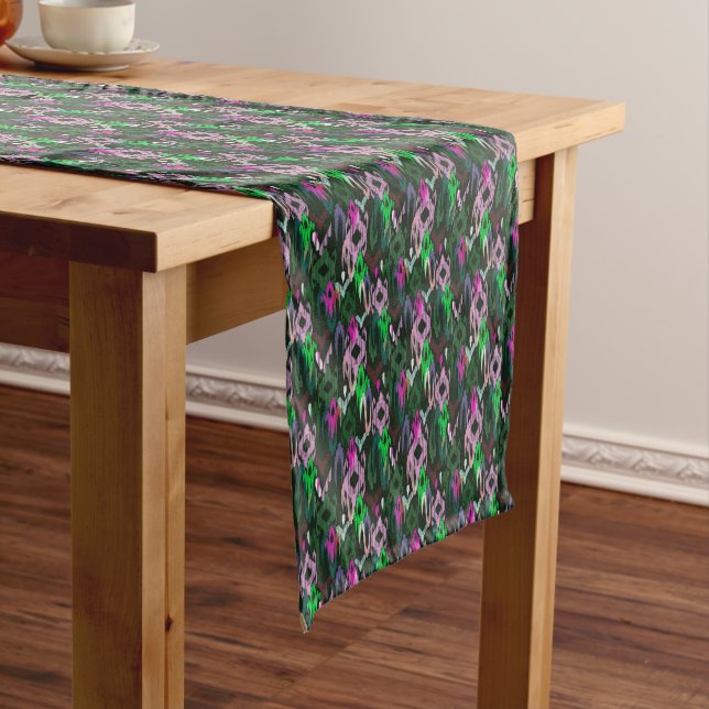 Chemin De Table Court Weaving ikat in pink and green. (In Situ)