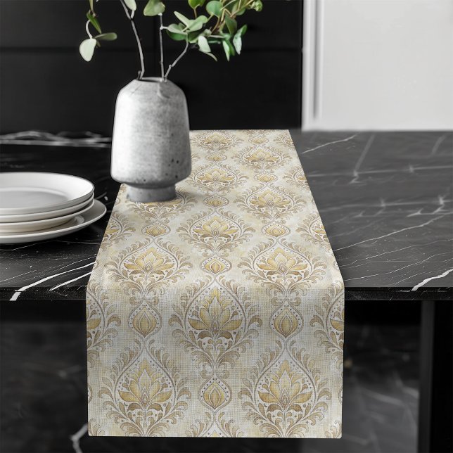 Chemin De Table Long Aquarelle classique Damask Table Runner Tones ivoi (Classic Watercolor Damask Table Runner Ivory Tones)