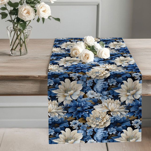Chemin De Table Long Blue and White Floral Dining Table Runner (Blue and White Floral Dining Table Runner)