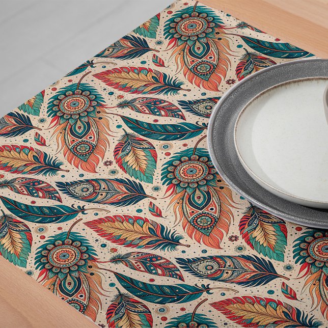 Chemin De Table Long Boho Tribal Ethnic Table Runner Rustic Feathers (Boho Tribal Ethnic Table Runner Rustic Feathers)
