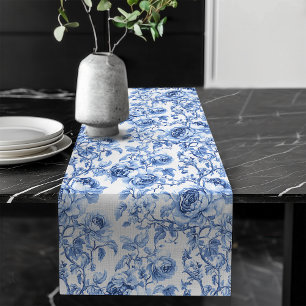 Chemin De Table Long Chic Tissu à fleurs Toile de Jouy Roses Bleues Sty