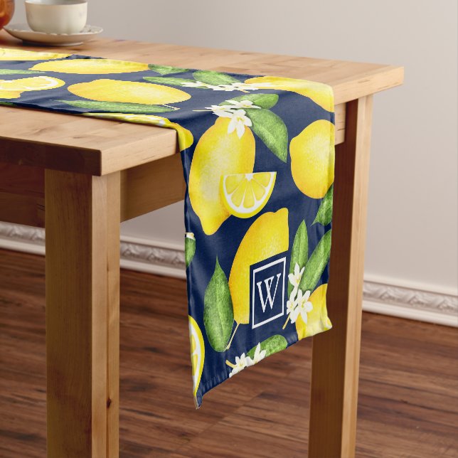 Chemin De Table Long Citrus Botanique Lemon Navy Monogramme bleu (In Situ)