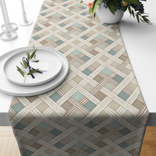 Chemin De Table Long Coureur de table Boho moderne avec géométrie neutr (Modern Boho Table Runner with Neutral Geometry)