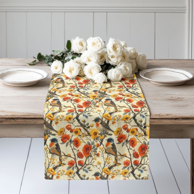 Chemin De Table Long Coureur de table de saison de récolte avec oiseaux (Harvest Season Table Runner with Birds and Floral)