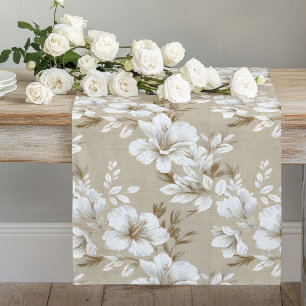 Chemin De Table Long Coureur de table taupe fleurs blanches minimaliste