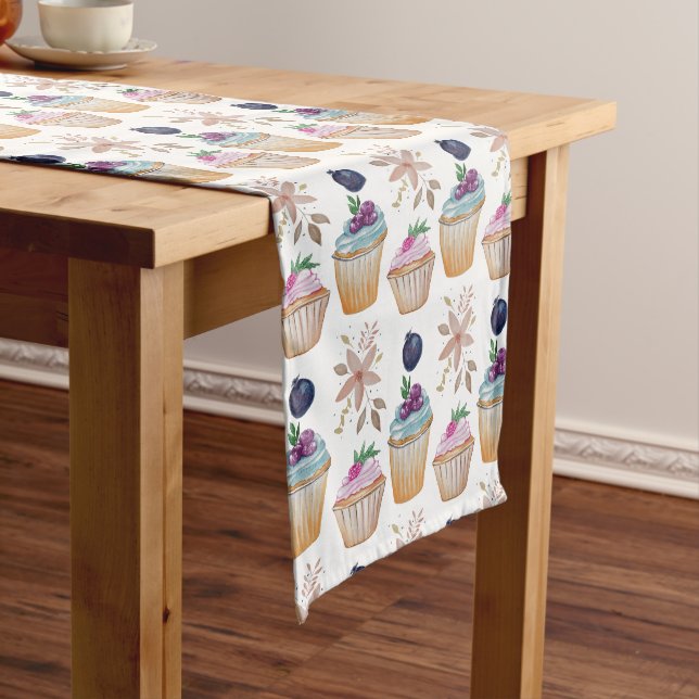 Chemin De Table Long CupCakes Fruits Et Happiness Aquarelle (In Situ)