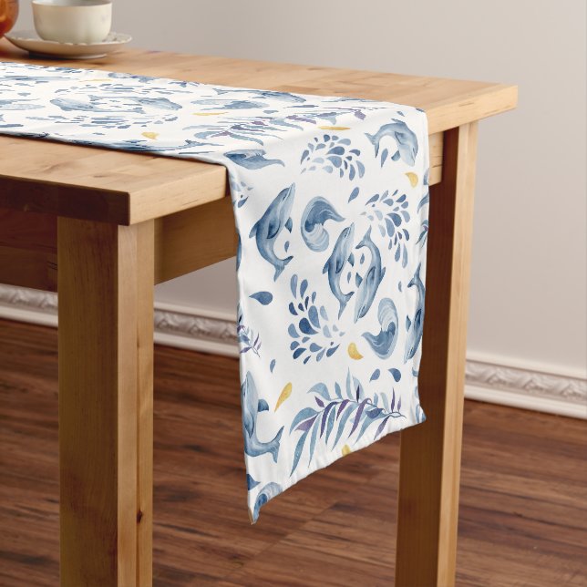 Chemin De Table Long Dauphins et vagues bleus (In Situ)