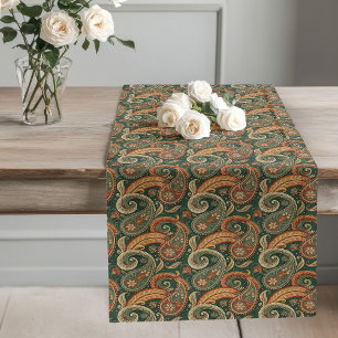 Chemin De Table Long Earthy Paisley Boho Dark Green Brown Sage en cuivr