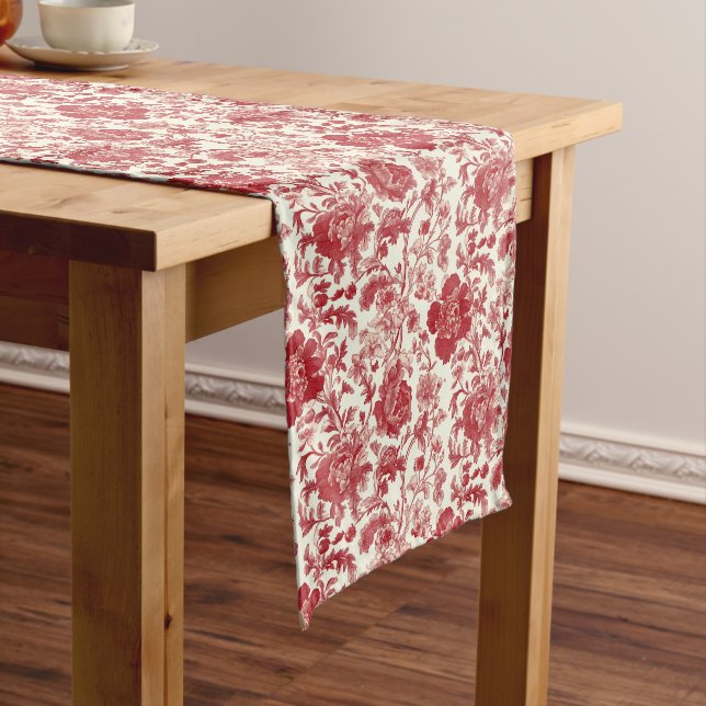 Chemin De Table Long Elégance en toile rouge - Design floral classique (In Situ)