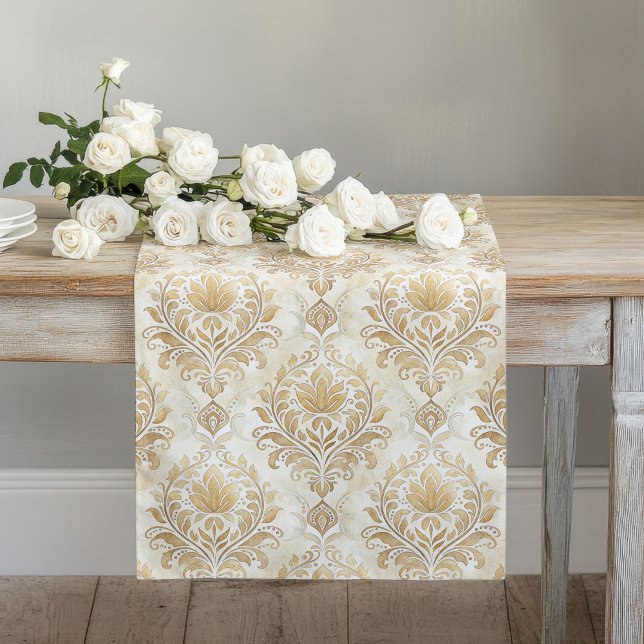 Chemin De Table Long Élégant ivoire Damask Table Runner Touche artistiq (Elegant Ivory Damask Table Runner Artistic Touch)