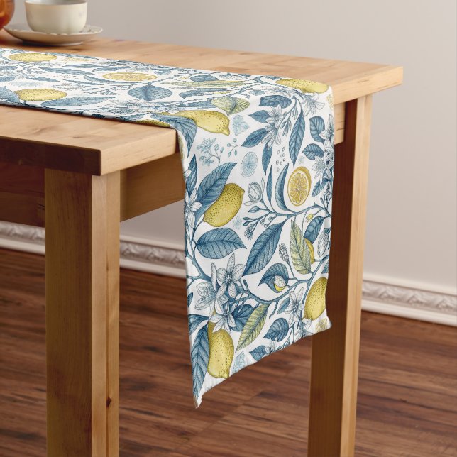 Chemin De Table Long Elegant Mediterranean Lemon Botanical Navy (In Situ)