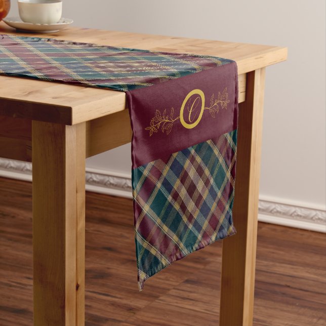 Chemin De Table Long Élégant or Monogramme Plaid - Cranberry Blue Turqu (In Situ)