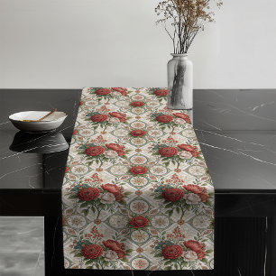 Chemin De Table Long Élégant Rose Rouge Pastel Carreaux verts Shabby Ch