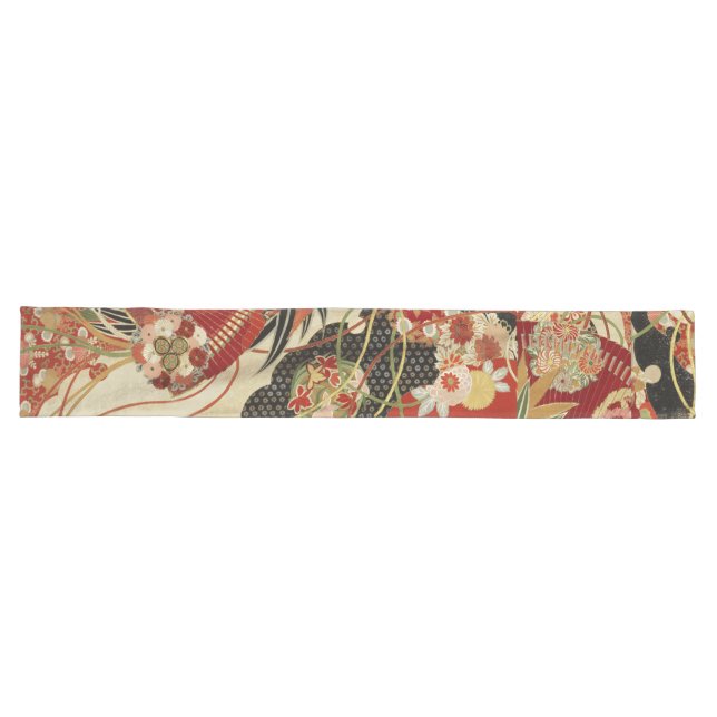 Chemin De Table Long FLEURS JAPONAISES ANCIENNES JAPONAISES Vert Rouge  (Horizontal)