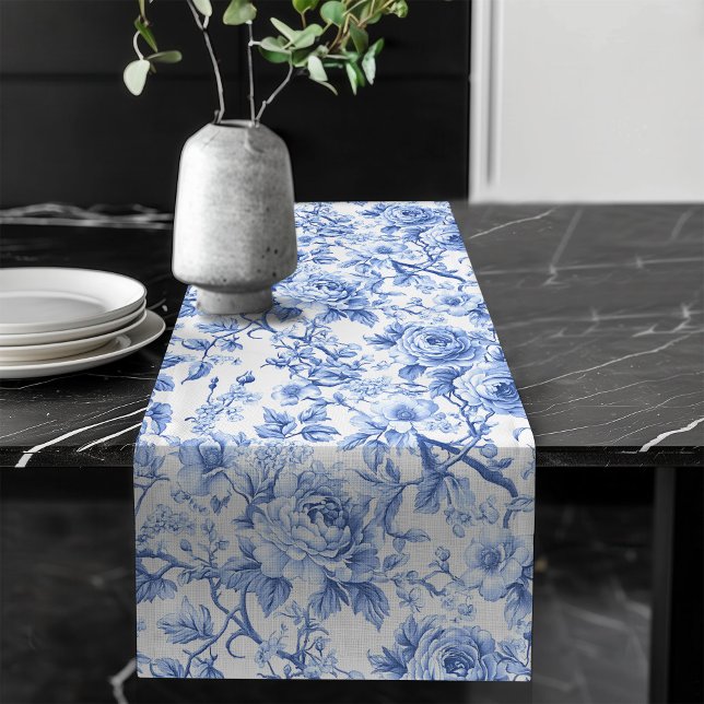 Chemin De Table Long Grandmillennial Blue Toile Roses Floral Table Runn (Grandmillennial Blue Toile Roses Floral Table Runner)