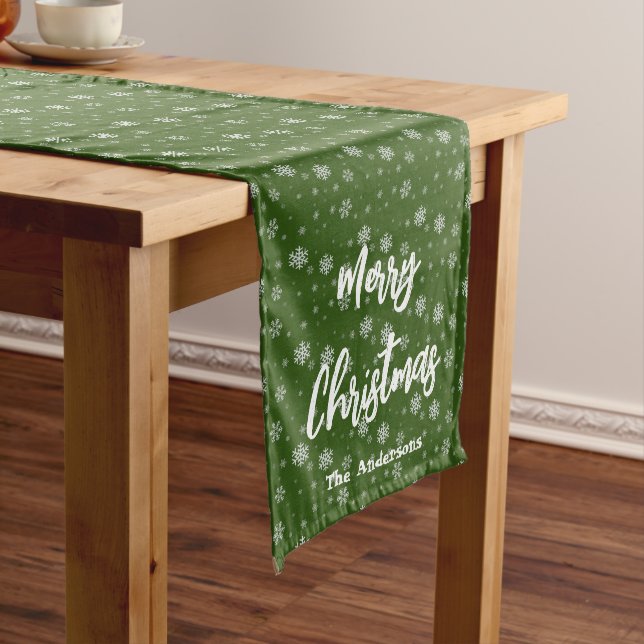 Chemin De Table Long Green Snowflakes Festive Moderne Joyeux Noël (In Situ)