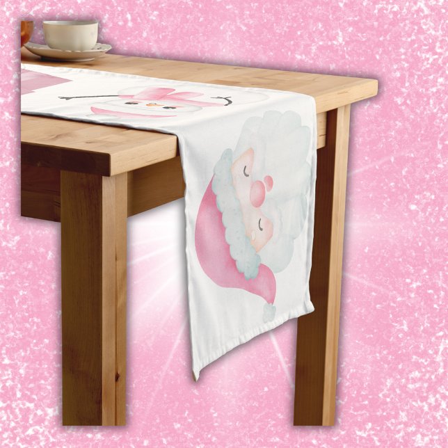 Chemin De Table Long Icônes de Noël rose sur blanc | (Créateur téléchargé)