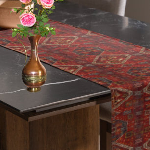 Chemin De Table Long Modèle de tapis Oriental en rouge foncé et bleu