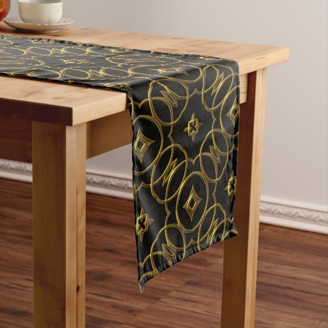 Chemin De Table Long Motif géométrique brillant noir et or élégant (In Situ)