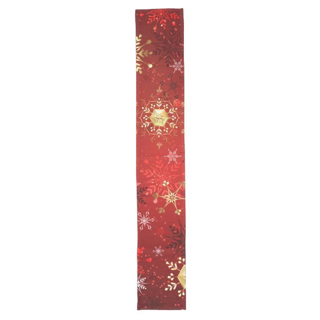 Chemin De Table Long Noël Golden Snowflakes sur Arrière - plan rouge (Devant)