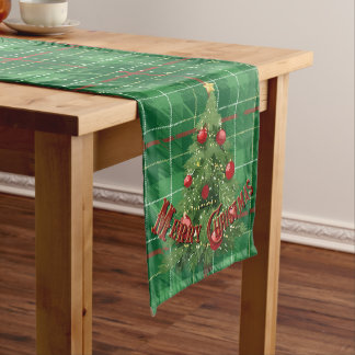 Chemin De Table Long Noël Plaid vert avec rouge, or, blanc