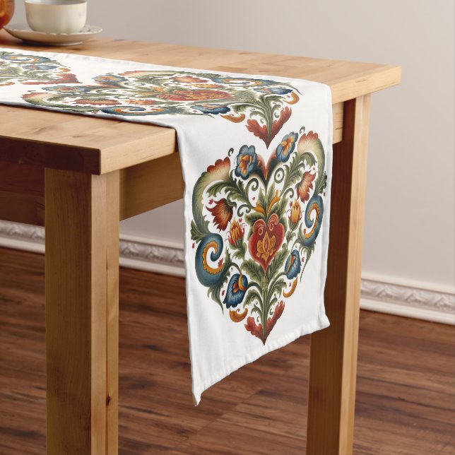 Chemin De Table Long Norvégien Rosemaling Folk Art Heart (In Situ)