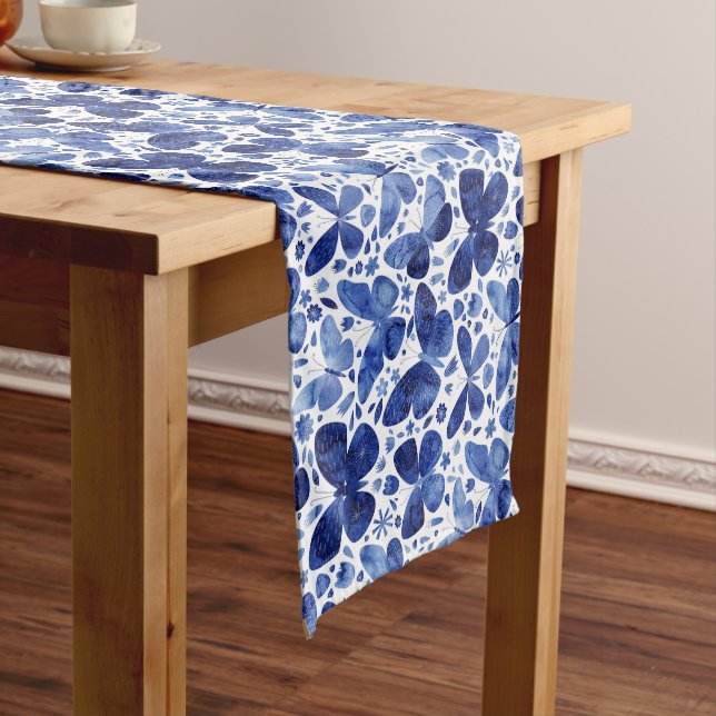 Chemin De Table Long Papillons Aquarelle Indigo Blue (In Situ)