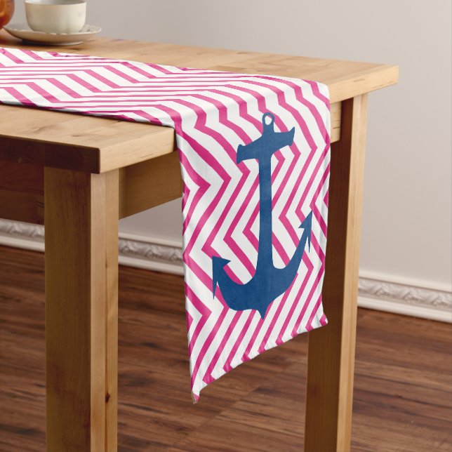 Chemin De Table Long Pink Chevron Marine Ancre Nautique Runner (In Situ)
