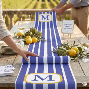 Chemin De Table Long Préparé Bleu et Blanc Rayé Monogramme Or