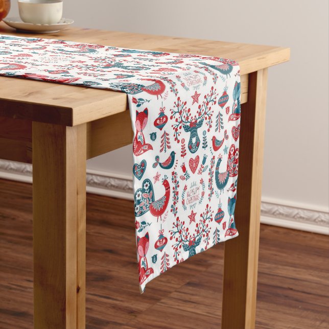 Chemin De Table Long Red Navy Noël Scandinave Folk Art Woodland (In Situ)