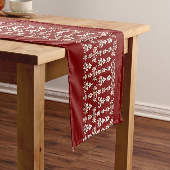 Chemin De Table Long Red Table Runner with Elegant White Center Design (In Situ)