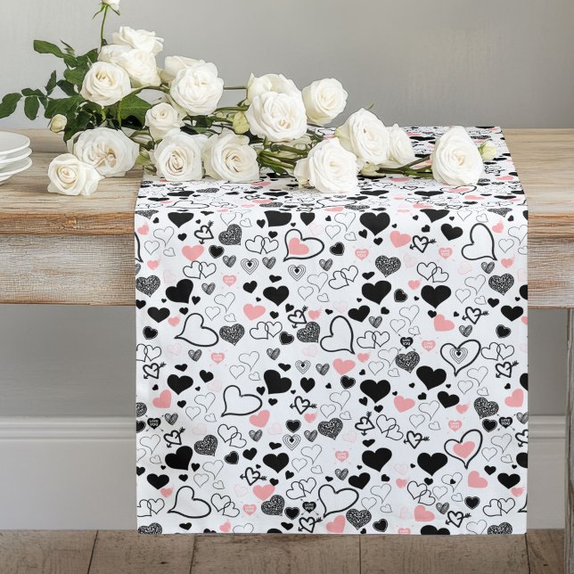 Chemin De Table Long Romantic Love Gift Table Runner Pink Black Hearts (Romantic Love Gift Table Runner Pink Black Hearts)