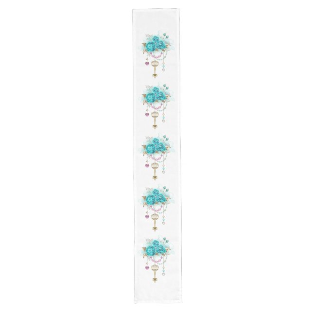 Chemin De Table Long Roses turquoise avec touches (Devant)