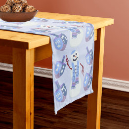 Chemin De Table Long Snowman Dreidels Optionnel Monogram Blue Hanoukka