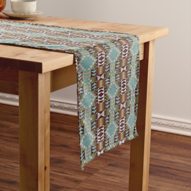 Chemin De Table Long Taupe Brown Turquoise Aqua Blue Tribal Motif (In Situ)
