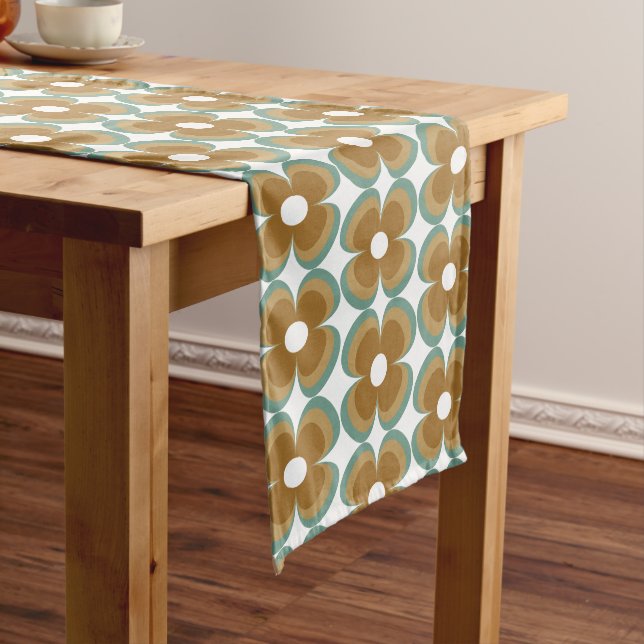 Chemin De Table Long Trendy Teal Caramel Retro Groovy Flowers Seamless (In Situ)