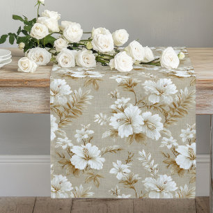 Chemin De Table Long Tropical floral beige ivoire doux neutre cuisine