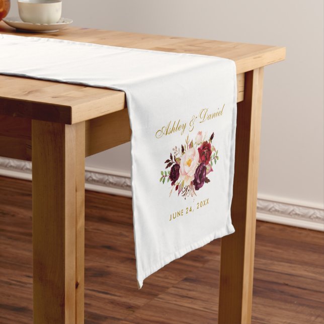 Chemin De Table Moyen Aquarelle Bourgogne Floral Mariage or (In Situ)